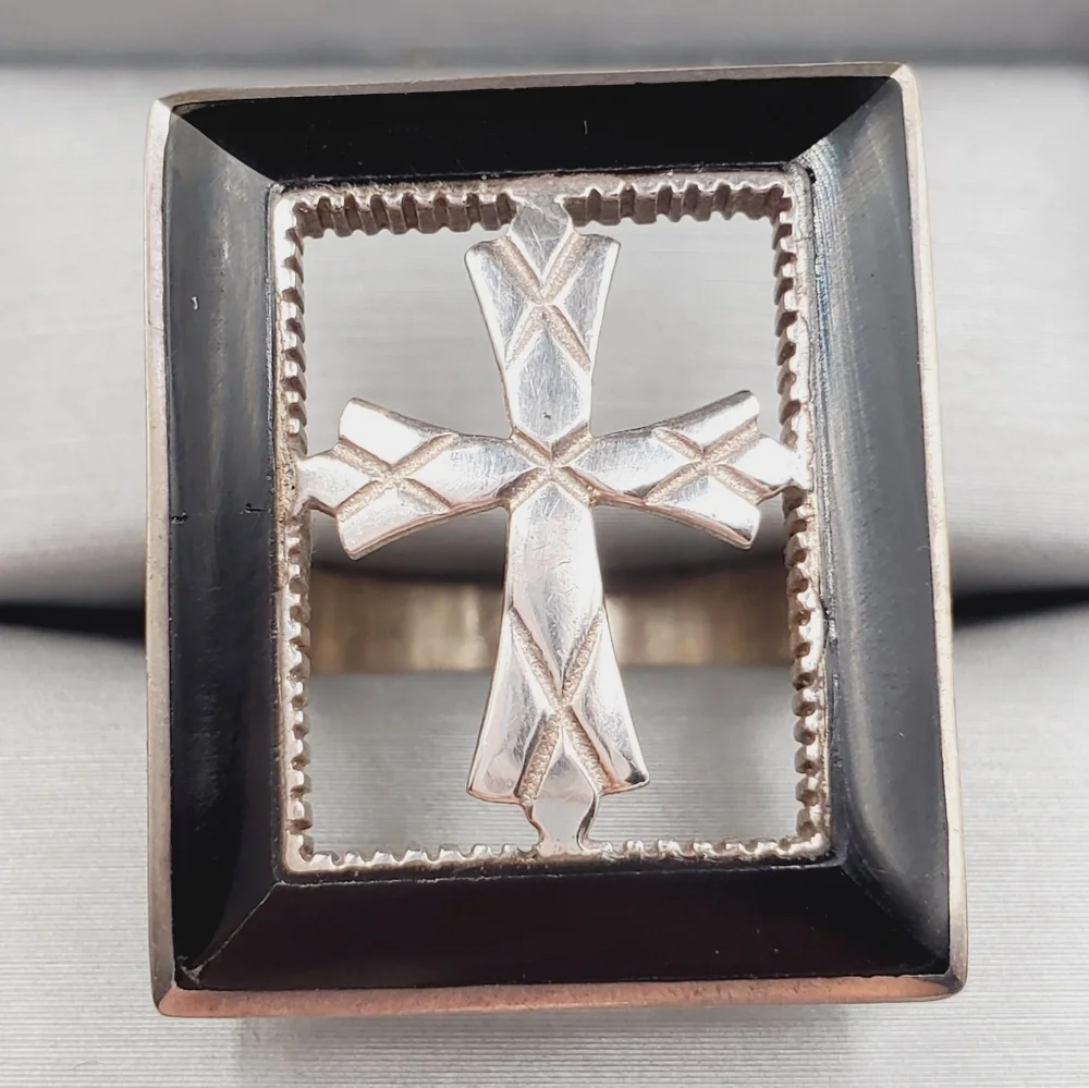 Genuine Black Onyx 925 Sterling Silver Vintage Statement Cross Ring